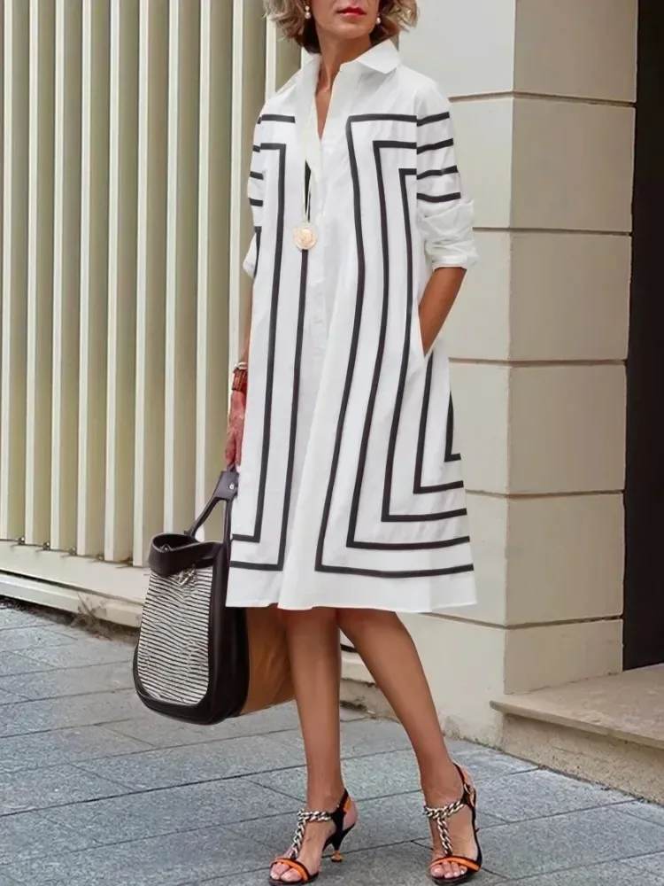   ชุดเดรสลำลองลายทางติดกระดุม แขนยาว ทรงหลวม ทรงเอ สำหรับสุภาพสตรีทำงาน