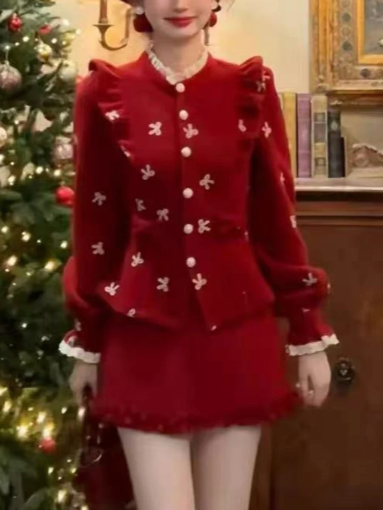 

Christmas Festive Red Chic Two-piece Set Women Sweet Princess Wool Coat + Pencil Skirt Suiy Winter New Year Retro Party Outfits