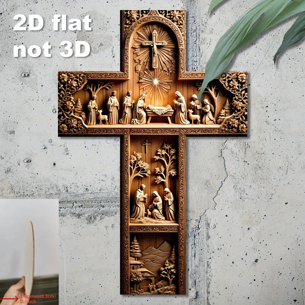 Image of 1 Stück 2D flache Vintage Jesus Holz Wanddekoration Kreuz Weihnachtsszene mit Krippe Hirten Ostern Urlaub Party Dekoration