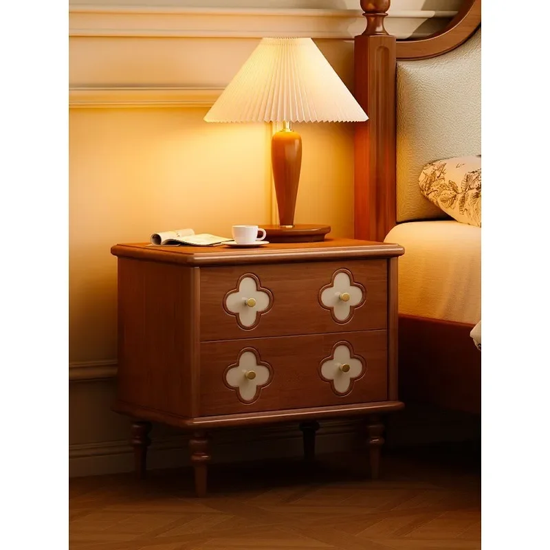 French Retro Solid Wood Bedside Table with Double Drawers Medium Antique Storage Cabinet Four Leaf Clover Shell Nightstand