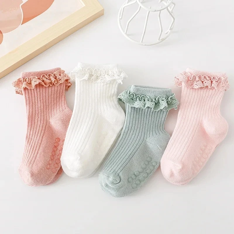 5 Pairs Cotton Pure Color Toddler Girl Lace Socks Infant Baby Girls Non-slip Socks Young Children Girl Cute Half Knee-socks Kit