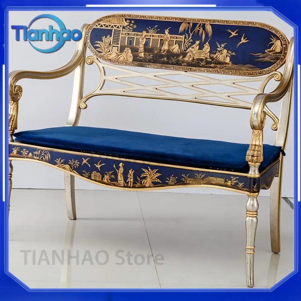 New Classic Blue Carved Chair for China Style Clubs and Villas Solid Birch Wood Hand Painted Stacked Craftsmanship
