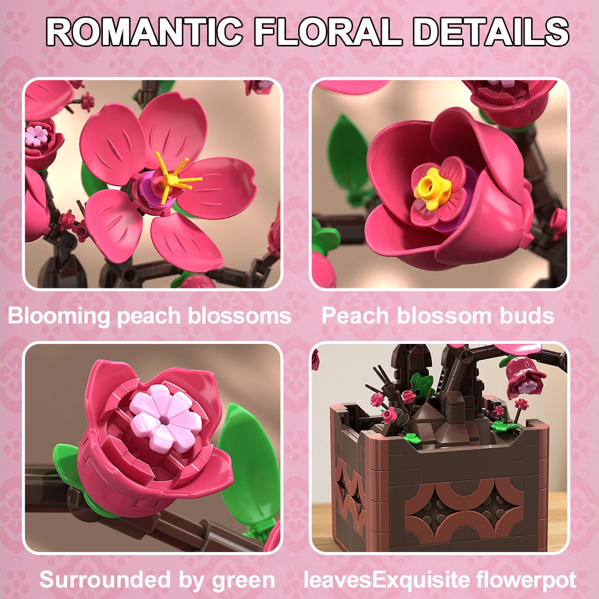 Pink Peach Blossom Potted Plant Building Block Flower Model Puzzle