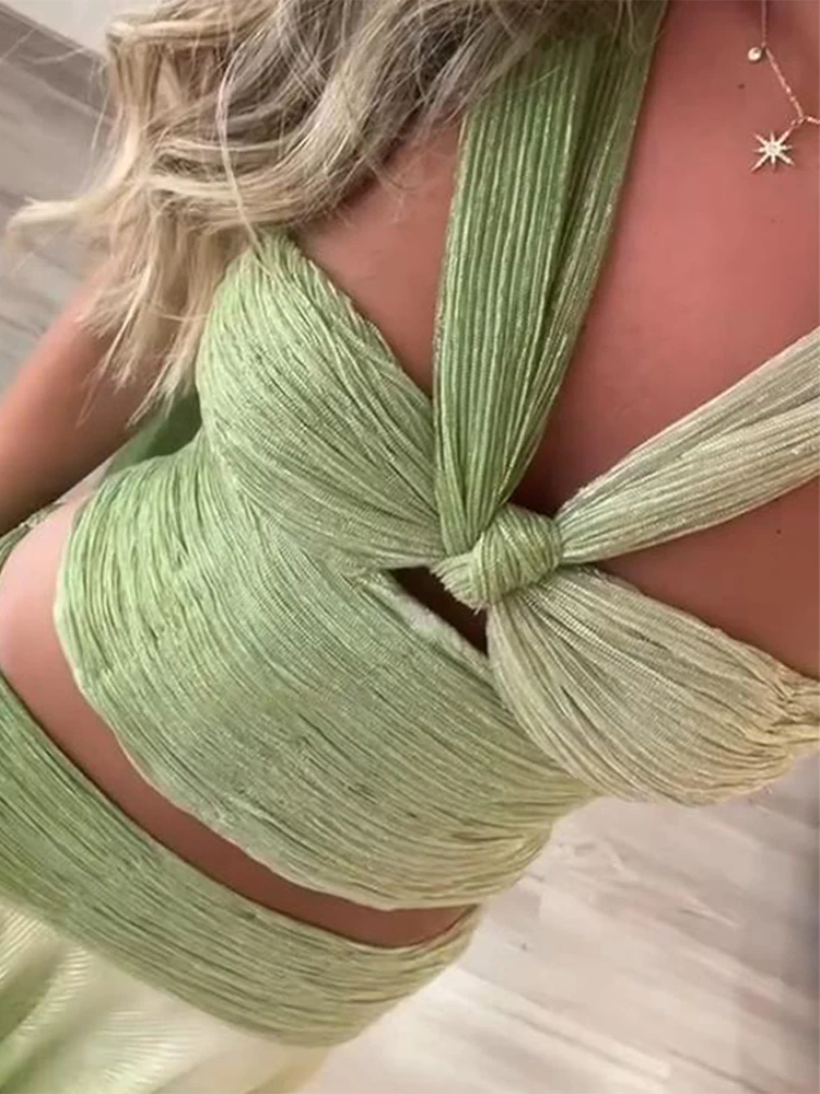 الشاطئ التدرج تنورة طويلة مجموعة المرأة ضئيلة الرسن أكمام مطوي أعلى الطابق طول تنورة 2025 عطلة الصيف مثير سيدة البدلة #2