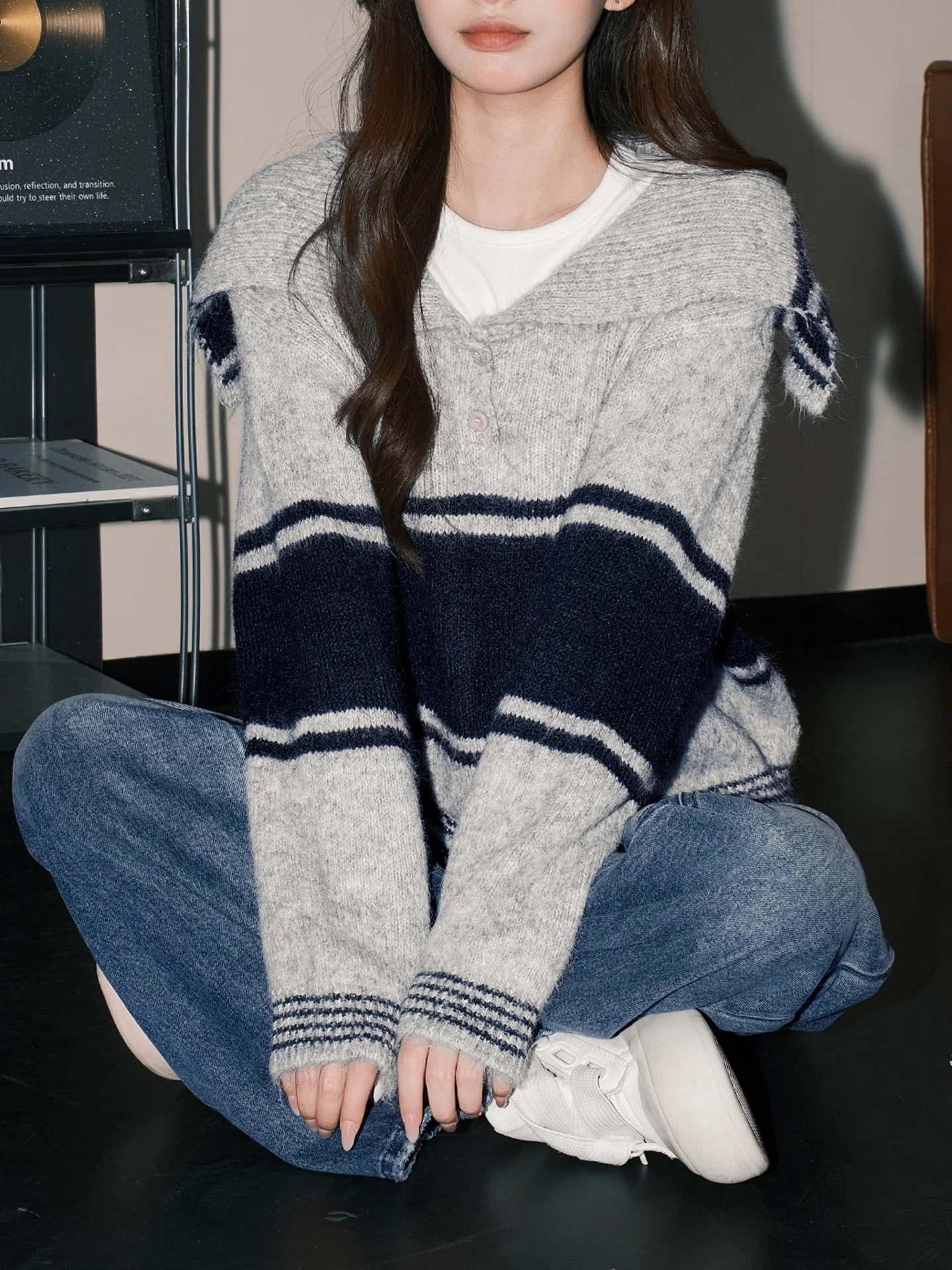 Loose Fit Lange Sve Gebreide Trui Dames Winter Faion Koreaanse Sle ey Streep Marine Kraag Zachte Comfortabele Top