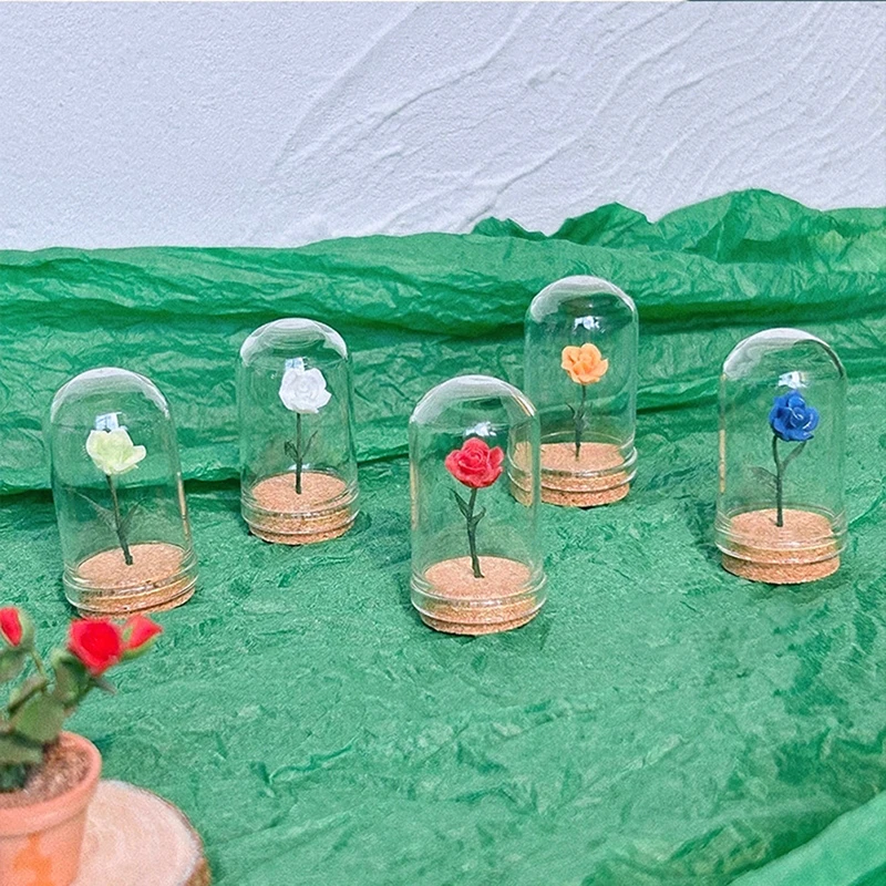 1Pc Dollhouse Miniature Rose Flower Glass Cover Ornaments Little Prince Rose Model Home Desktop Decor Toy