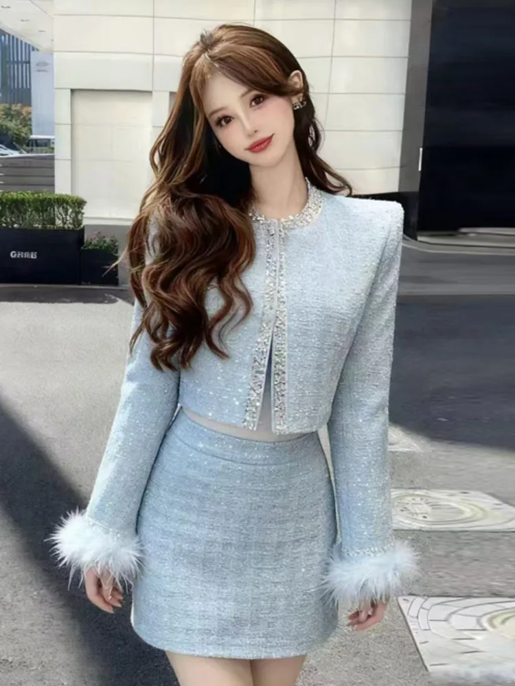 

Высококачественные французские модные твидовые комплекты из 2 предметов для женщин, модная роскошная куртка из бисера, комплект пальто + юбка