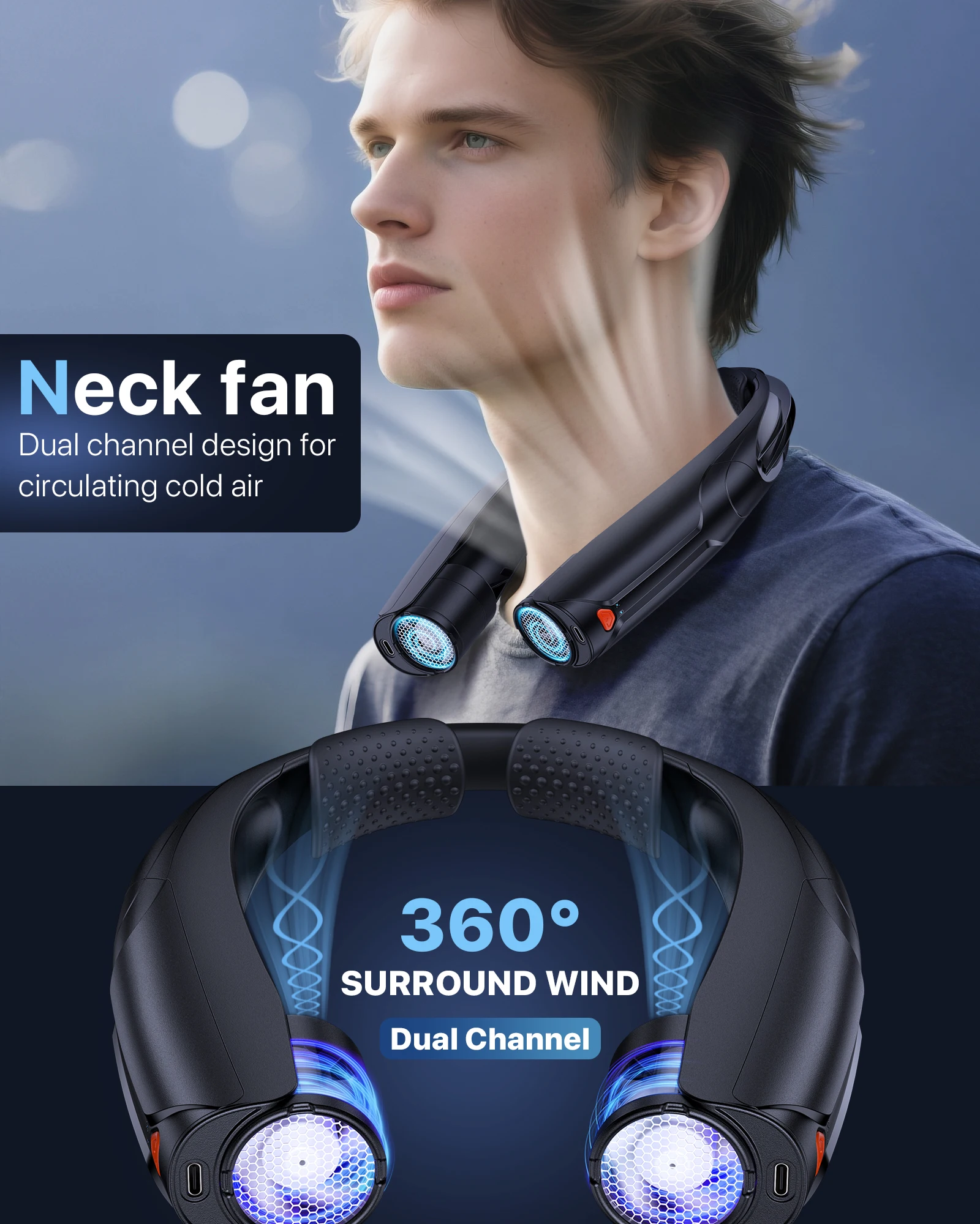 مروحة رقبة محمولة بدون استخدام اليدين ببطارية 6000 مللي أمبير في الساعة USB-C قابلة لإعادة الشحن فائقة الهدوء 4 سرعات قابلة للتعديل مثالية للسفر في المكتب في الهواء الطلق