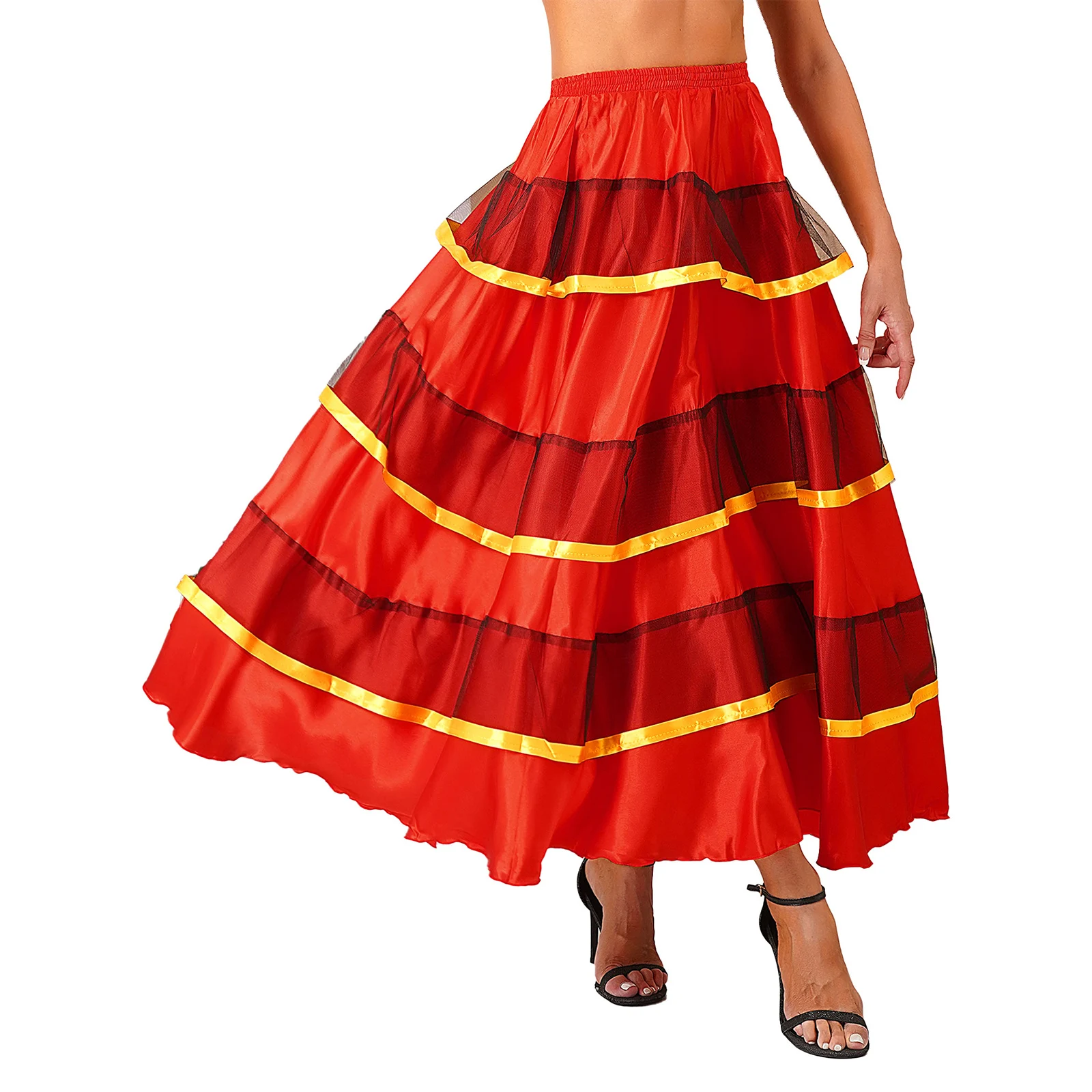 Women Long Spanish Skirt Swing Layered Dancing Skirt Belly Dance Skirt Spanish Bull Performance Sun Skirt 180/360 Degree