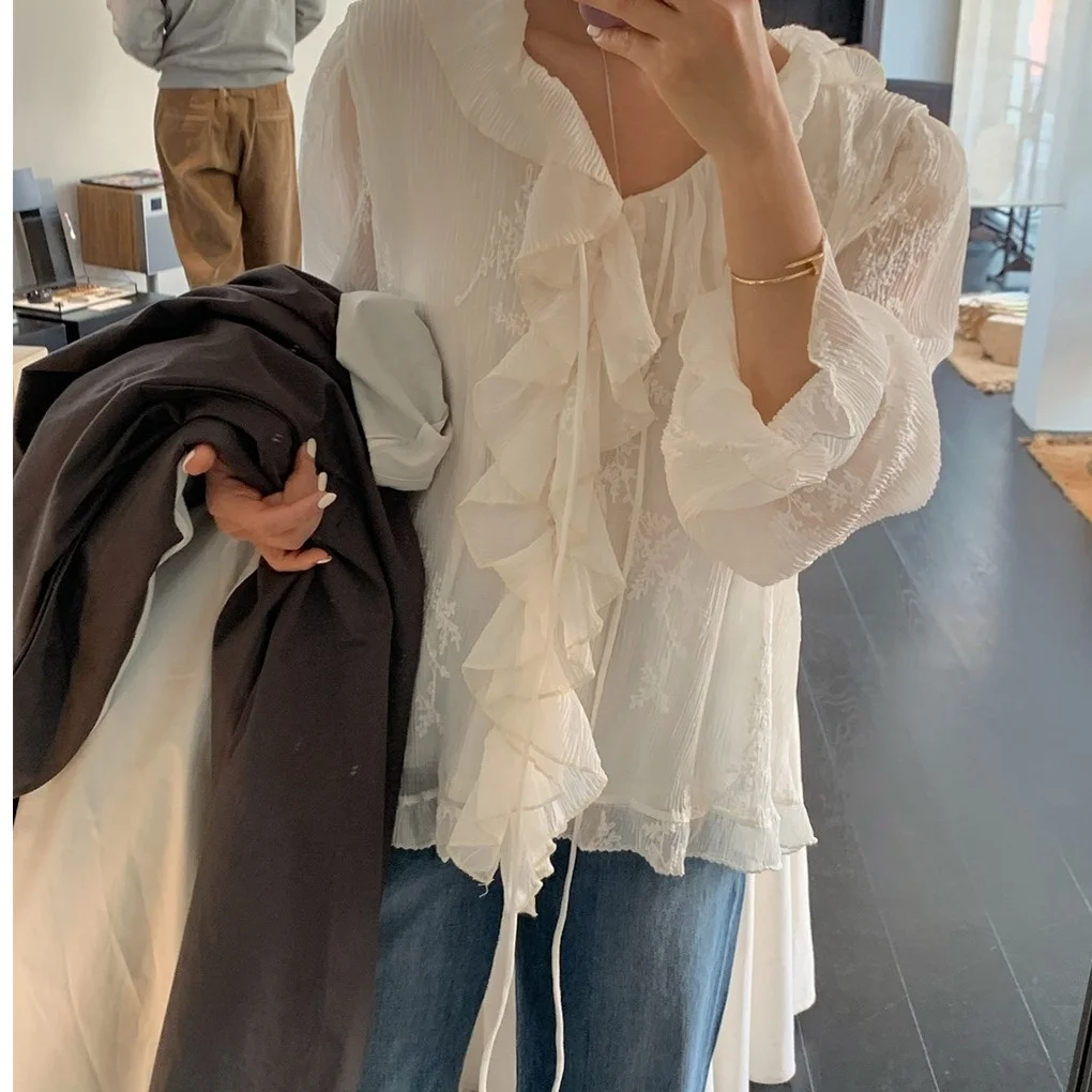 

Новая летняя женская блузка Ele Sweet Sle Long Sve с вышивкой и кружевным подолом в корейском стиле, модная и шикарная