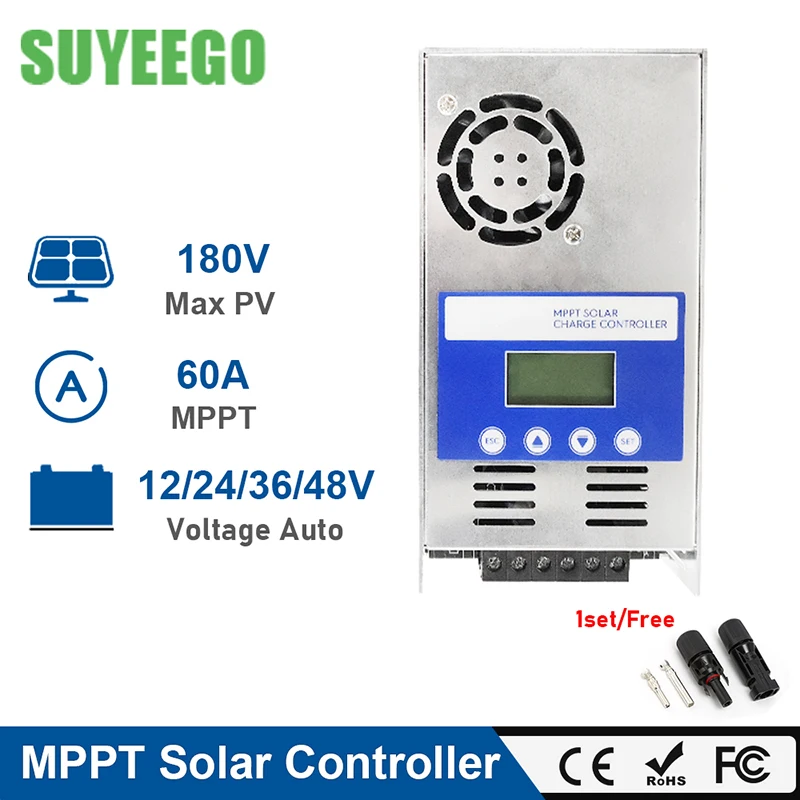 

SUYEEGO 60A MPPT Solar Charge Controller 12V 24V 36V 48V Auto Battery Charge Regulator LCD Solar Controller Max PV 180V DC Input