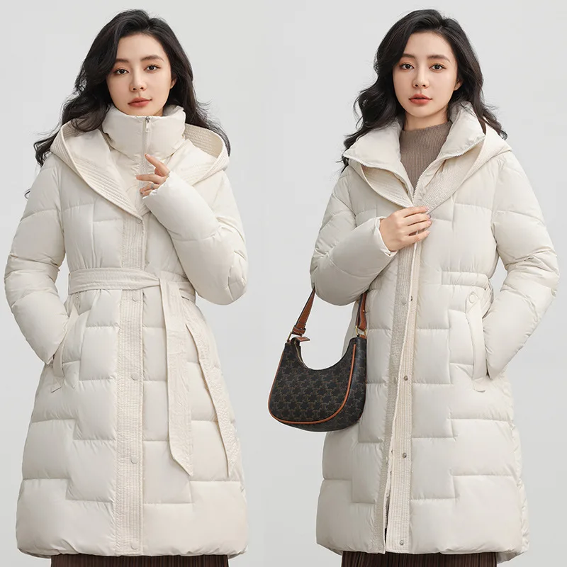 Hooded Women Parkas Coat Long Overcoat Solid Waist Tie Zipper Turn Down Collar Loose Thick Casual Office Lady Autumn Winter 2025