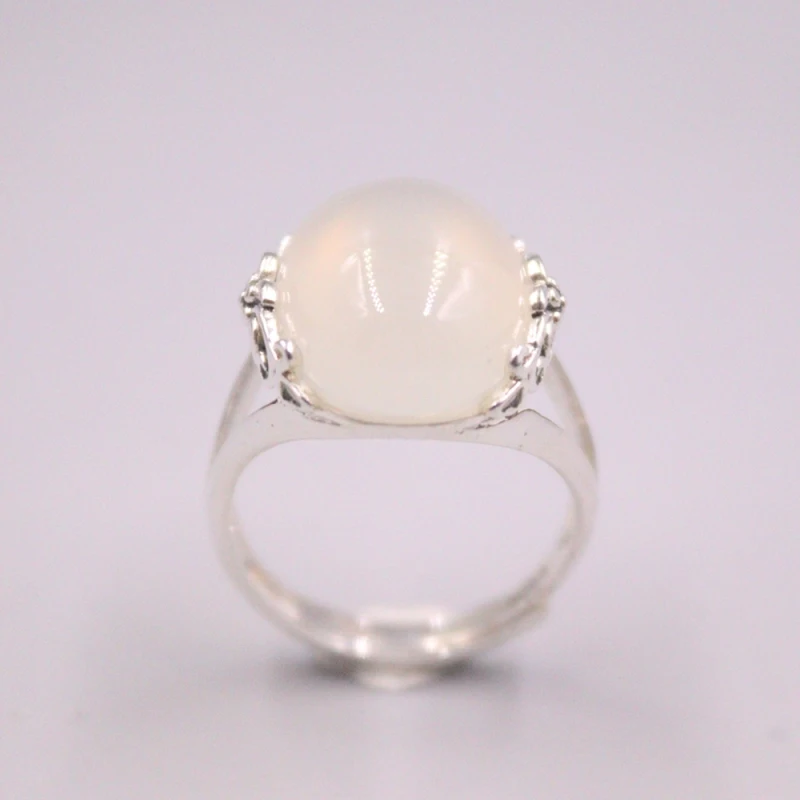 Real Solid 925 Sterling Silver White Chalcedony Men Women Lucky Pattern Ring