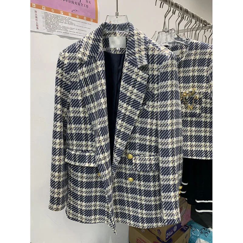 Korean Fashion Plaid Tweed Blazers Women Fall Vintage Double Breasted Quilted Cotton Suit Jacket Elegant Lady Chic Coat 2024 New