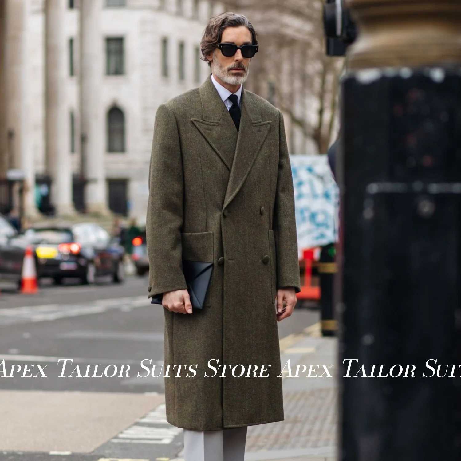 Green Men Tweed Wool Overcoat Wide Peak Lapel Double Breasted Woolen Coat Winter Vintage Gentleman Business Outerwear Jacket