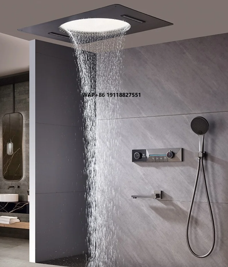ضوء فاخر النحاس مربع شاشة ديجيتال ثرموستاتي جدار دش مجموعة رذاذ المطر شلال منفذ كبير أعلى رذاذ ذكي