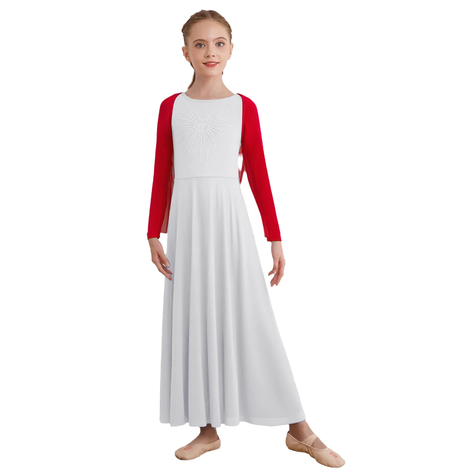 

Girls Praise Worship Dance Costume Open Front Irregular Hem Drapey Angel Wing Shrug+Long Sleeve Glittery Rhinestone Maxi Dress