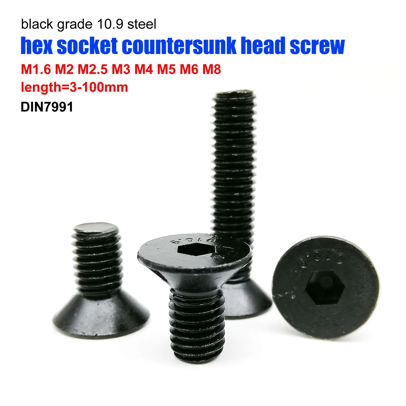5/10/25/50x M1.6 M2 M2.5 M3 M4 M5 M6 M8 vis à tête hexagonale hexagonale en acier de qualité noire 10.9 boulon plat à tête fraisée longueur de vis 3-80mm