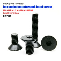 5/10/25/50x M1.6 M2 M2.5 M3 M4 M5 M6 M8 Black Grade 10.9 Steel Hexagon Hex Socket Head Flat Countersunk Bolt Screw Length 3-80mm