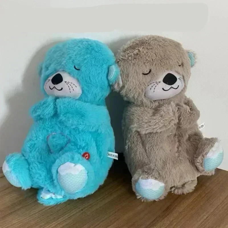 Baby Breathing Bear Baby Soothing Otter Plush Doll Toy Baby Kids Soothing Music Sleeping Companion Sound and Light Doll Toy Gift