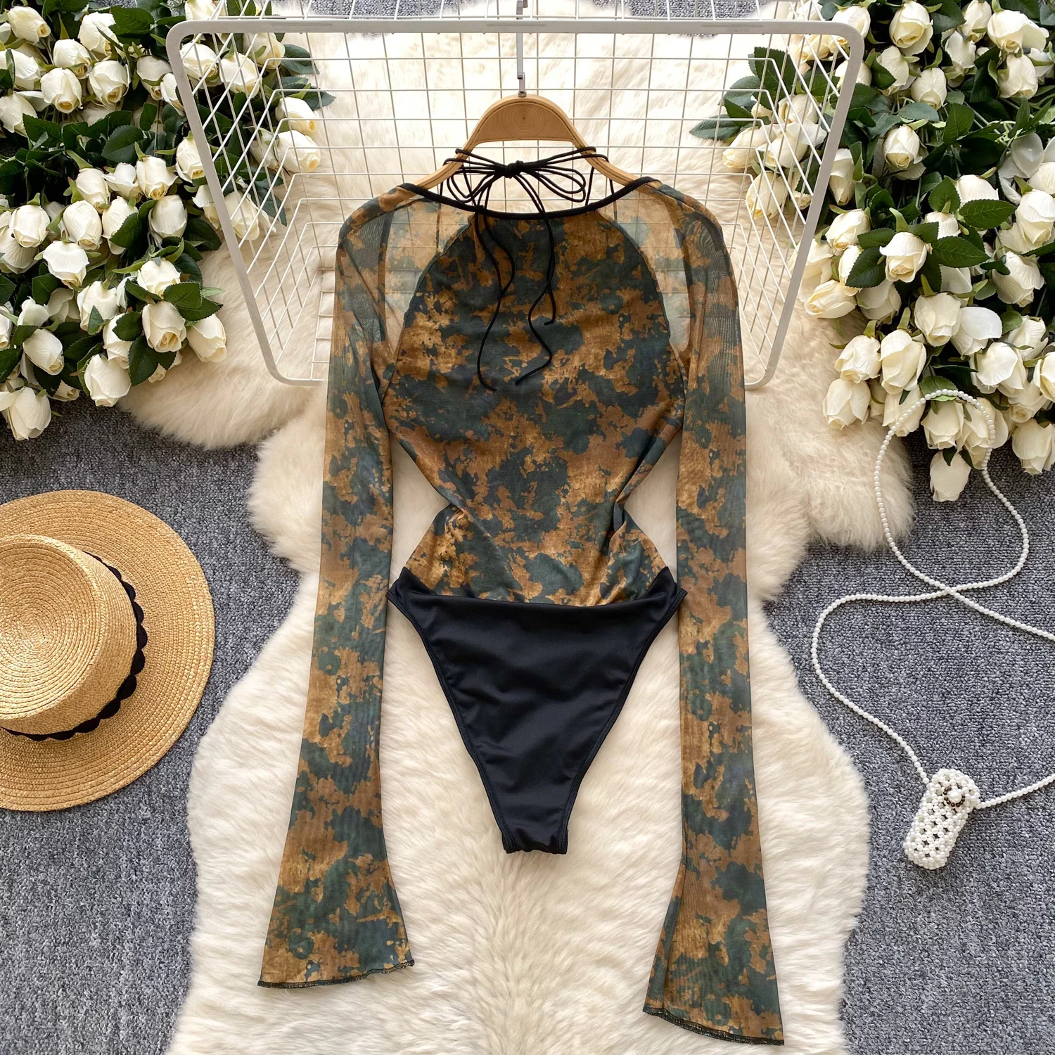 بدلة نسائية Y2K مطبوعة بشبكة رسن رومبير نيسيي بدلة سيدة المشكل كبار Hotsweet Ins مهرجان ملهى ليلي ملابس الشارع الشهير Playsuit #2