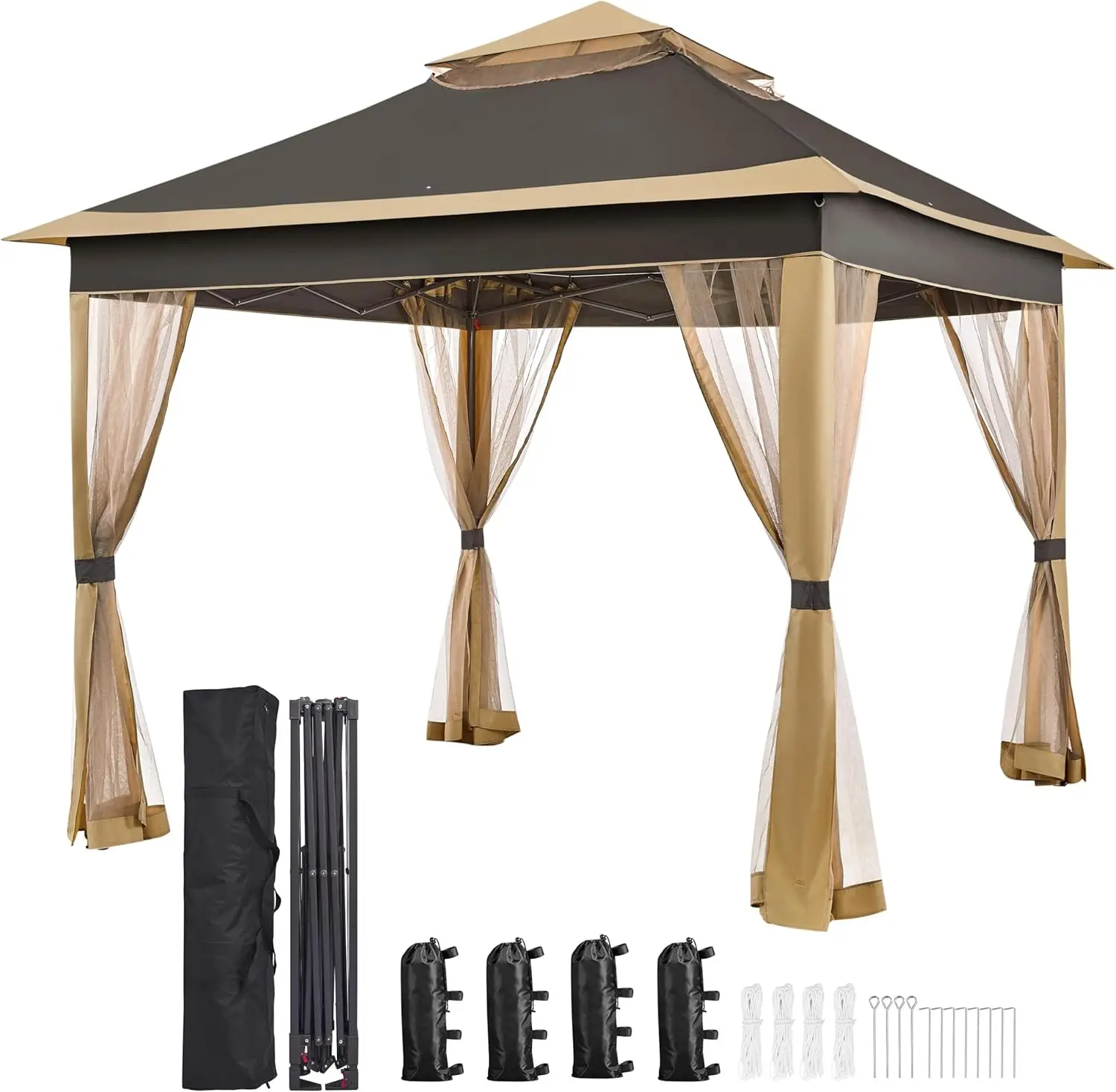 Outdoor Lawn, Garden, Backyard & Deck Gazebo, Brown Color, 4 Sandbags, 2 Tiers Roof, Mesh Netting