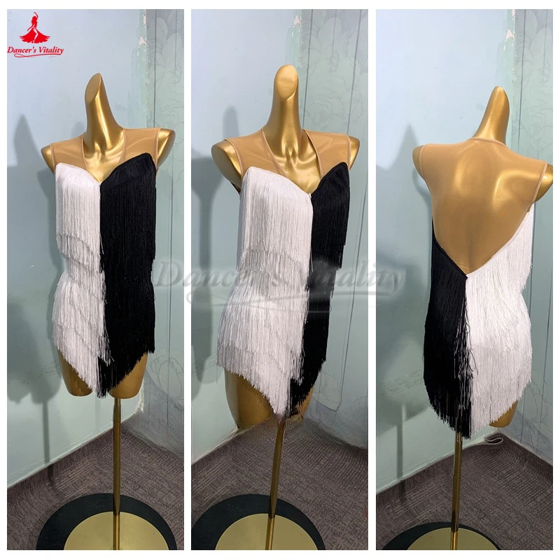 

Latin Dance Grade and Art Examination Clothing Customization Chacha Samba Rumba Jive Black White Tassels Competition Dresses