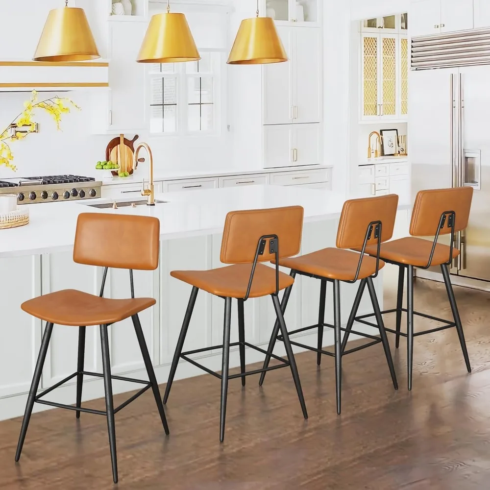 Kursi Bar Coklat Wiski 24,5" Set Isi 4, Kursi Bar Tinggi Konter Berlapis Kulit Imitasi dengan Punggung, Pijakan Kaki dan Kaki Logam,