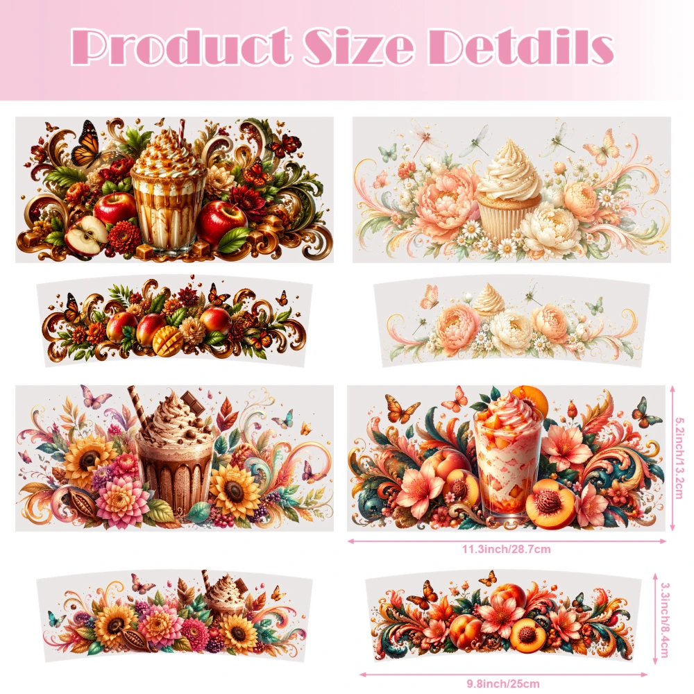 4 Sheets Floral Butterflies Cupcakes Fruits Sunflowers Peaches Apples Oranges UV DTF Stickers for 40oz Tumblers Waterproof DIY
