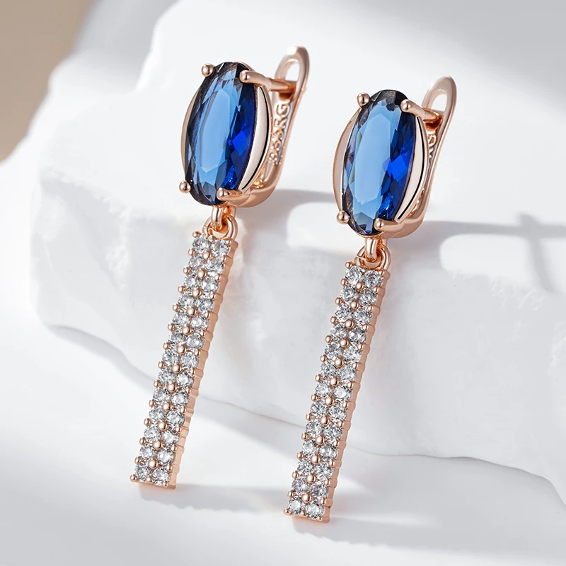 Kinel Luxury Oval Blue Natural Zircon Long Earring For Women Fashion 585 Rose Gold Wedding High Quality Party Fine Jewelry