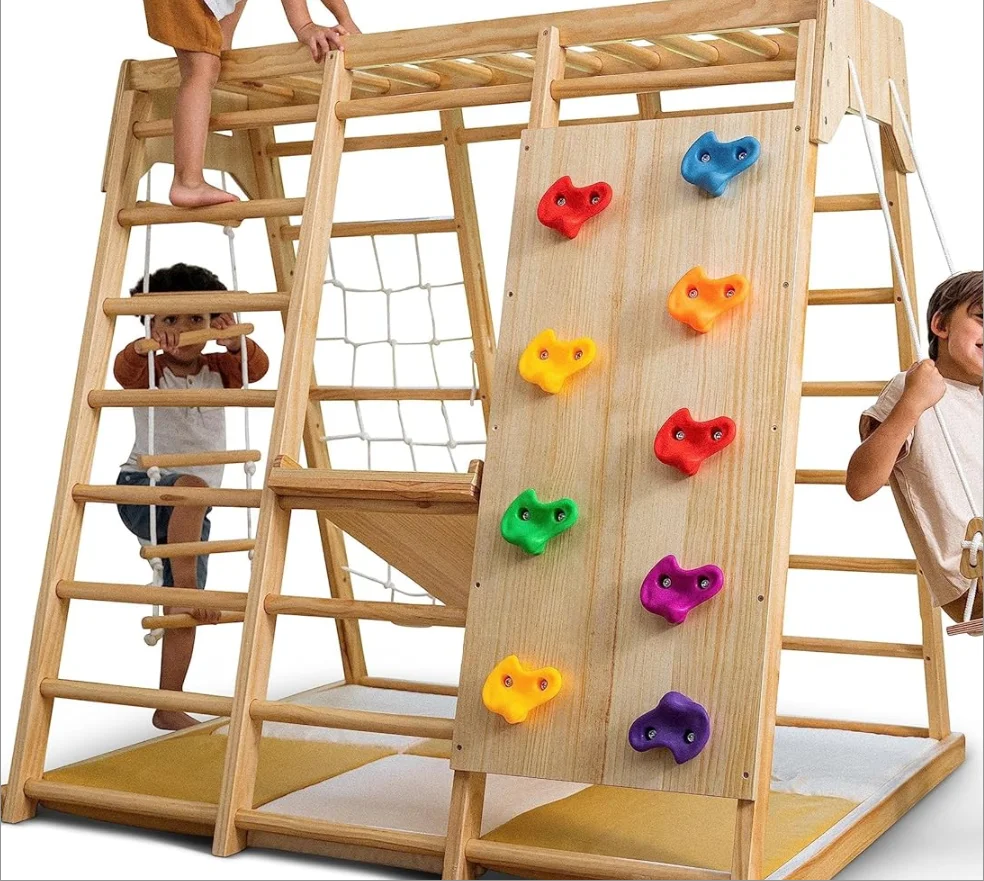 Indoor Playground 6-in-1 Jungle Gym Montessori Waldorf Style Wooden Climber Playset Slide, Rock Climbing Wall, Rope Wall Climbe