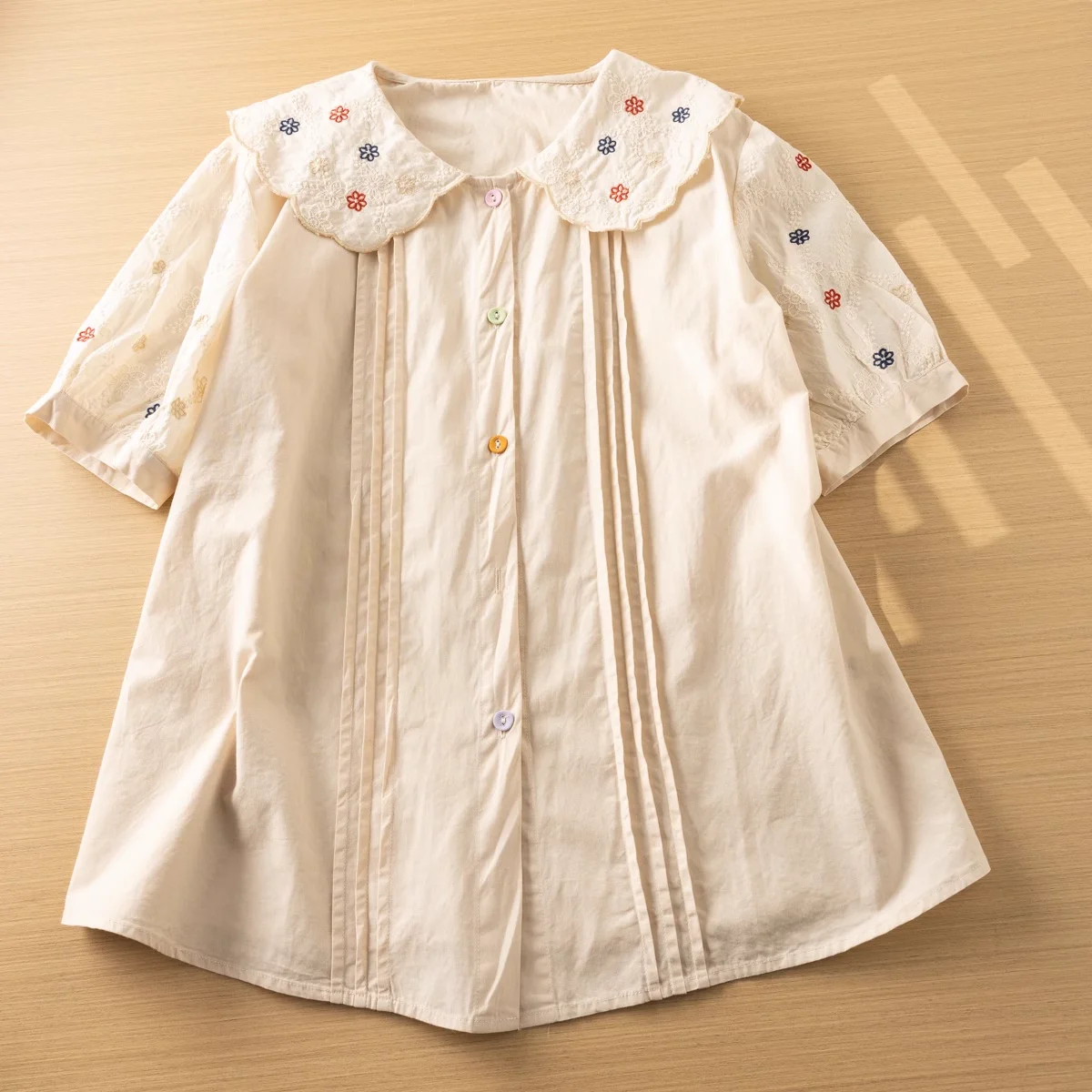 100% Cotton Flower Embroidery White Shirt Mori Girl Summer Japanese Style Sweet Short Sleeve Shorts and Blouses Kawaii Tops