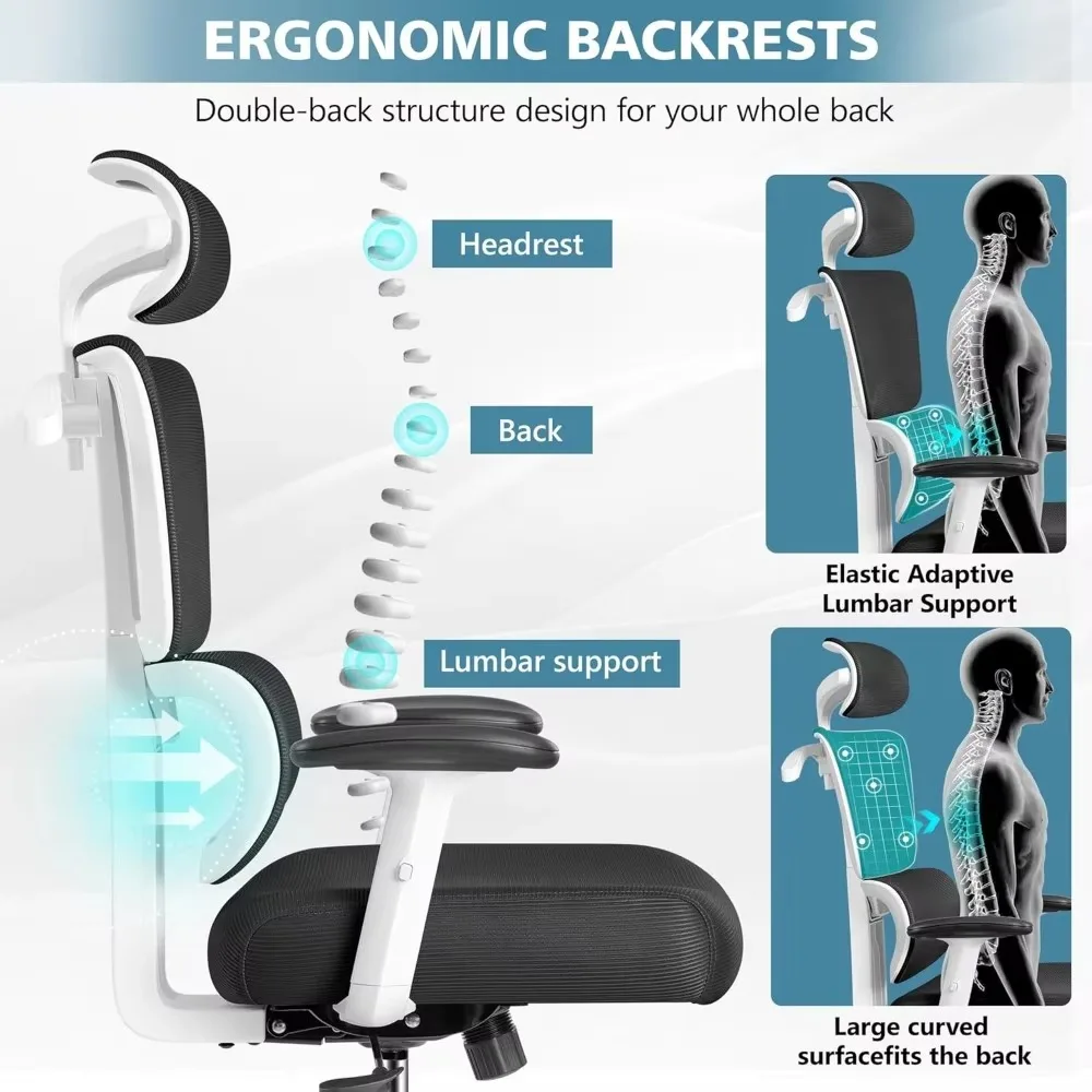 Office chair ergonomic desk and chair with lumbar support, breathable mesh recliner with adjustable armrests and headrest