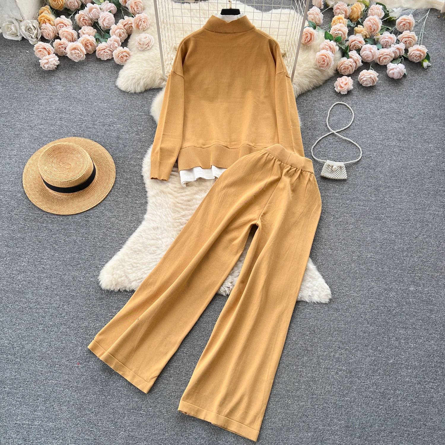 Women Two-Piece Sets Basics Patchwork Long Sleeve Button Top and High Waist Loose Wide Leg Pants Korean Fashion Casual Clothing