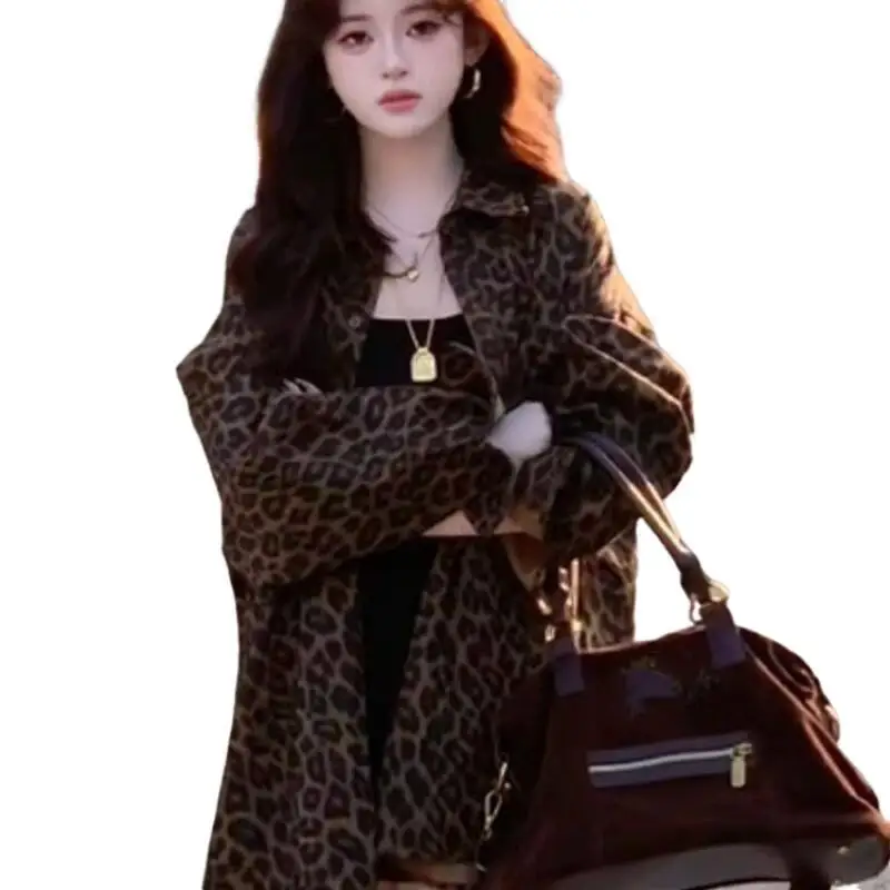 

Young Girl Leopard Shirt Princess Fashion Sexy Collar Long Sleeves Dopamine Spring Autumn Clothes Wear Outside Girl's Gift New