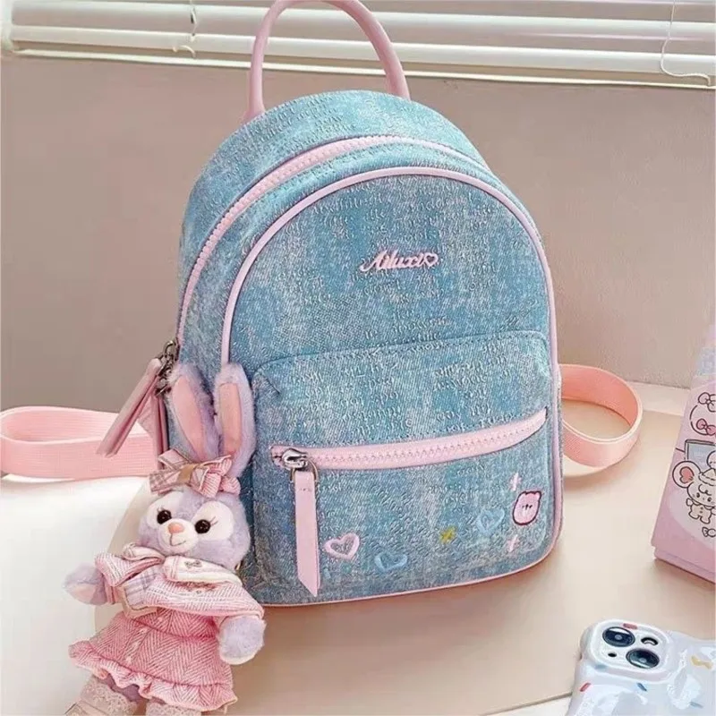 Niebieski denimowy haftowany plecak z misiem damski mini delikatny plecak szkolny damski uniwersalny casualowy kompaktowy Mochilas Mujer