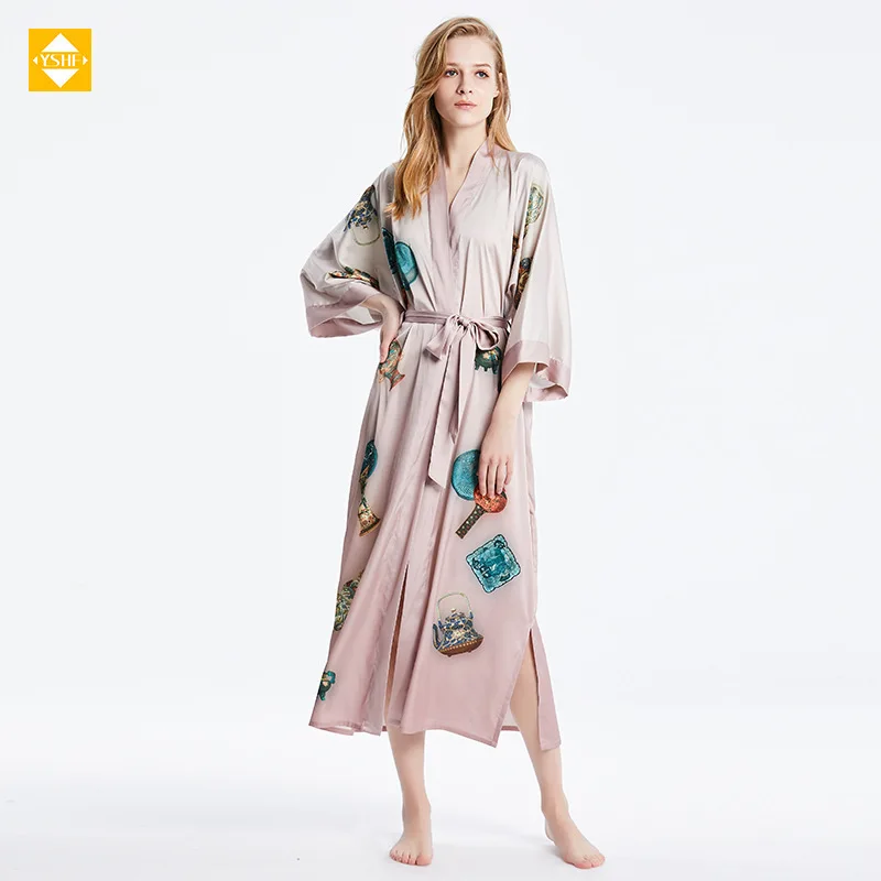 Summer Satin silk pajamas women\'s plus size loose bathrobe 100% Mulberry silk printed homewear Chinese style nightgown