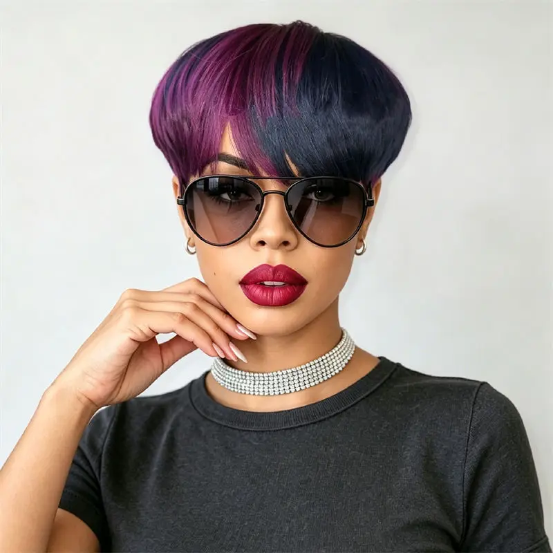 Short Mullet Pixie Cut Wig Brazilian Remy Human Hair 1B Purple Full Machine Made Breathable Cap For Women Party Daily Festival
