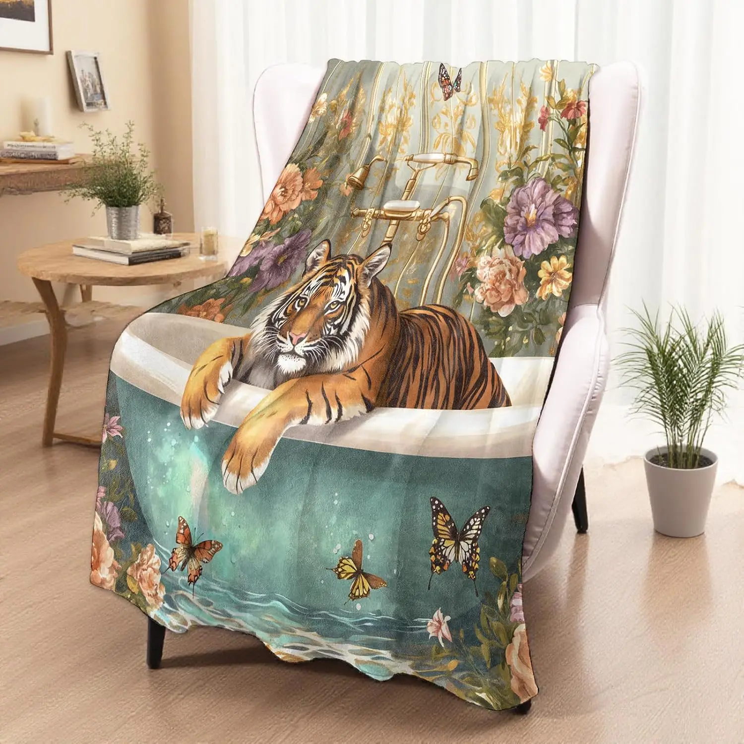 Funny Tiger Soaking Green Bathtub Retro Floral Wall Butterfly Fluffy Blanket Soft Warm Cover For Couch Office Picnic Trendy