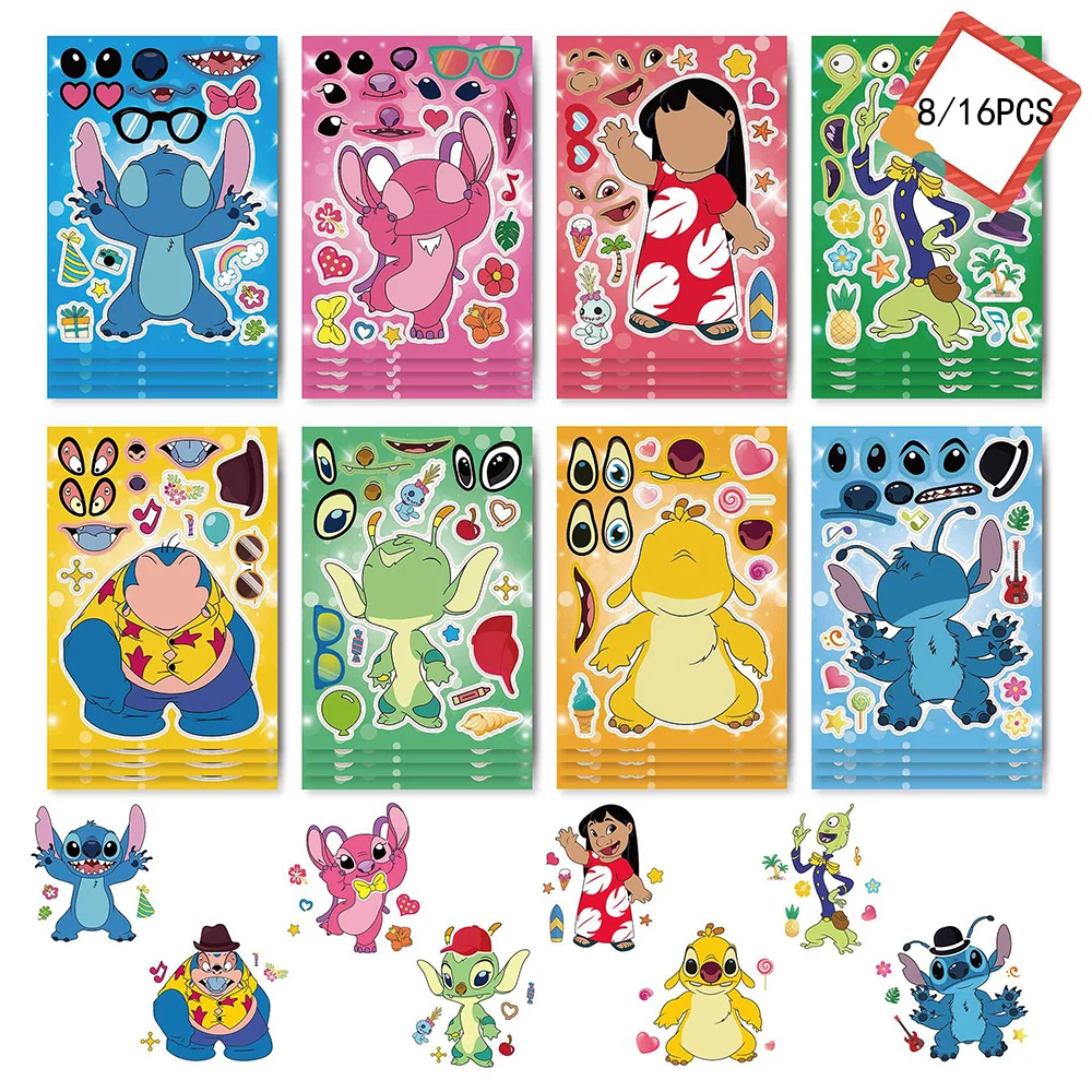 

8/16Sheets Disney Anime Stitch Make A Face Puzzle Stickers Aesthetic Assemble Jigsaw DIY Cartoon Decal Kids Educational Toy Gift