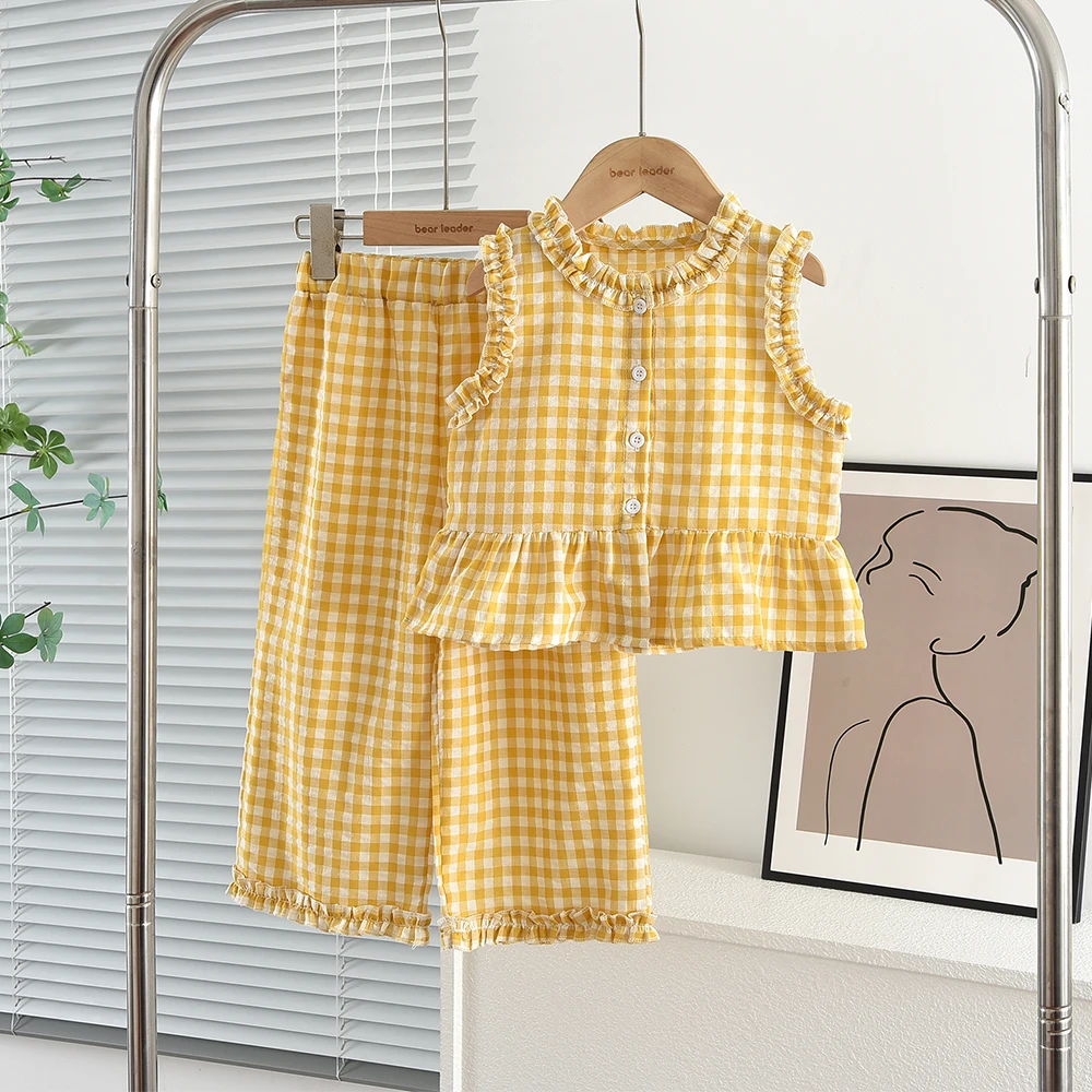 Bear Leader Purple Elegance Girls Clothes Checkered Printed Sleeveless Single Breasted Top + Pants Casual Children's Clothing