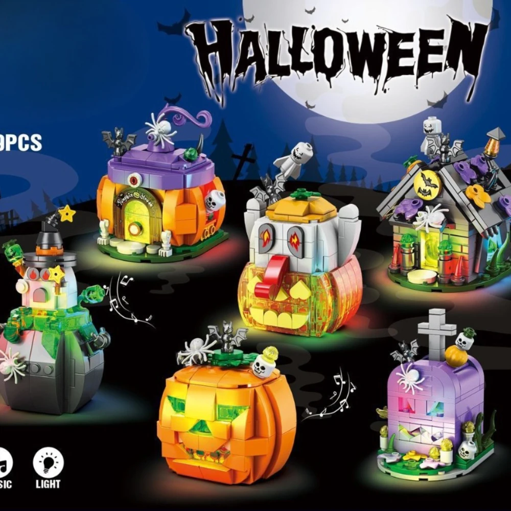 

MOC Halloween Pumpkin Ghost House Building Blocks Set Magical Ornament Skeleton Lantern Witch Toys For Children Holiday Kid Gift