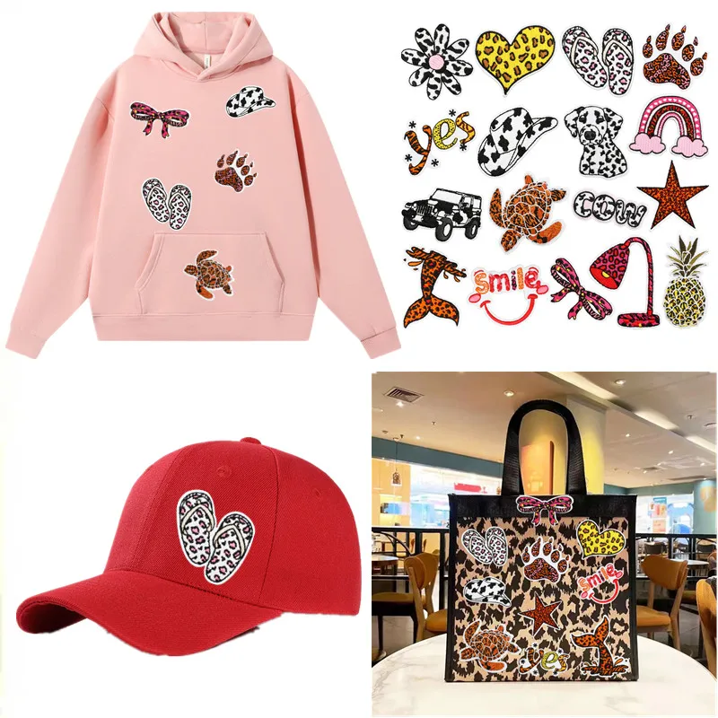 

Leopard Print Art Embroidery Iron on Patch Cow Pattern Cartoon Fabric Sewing Patches Stickers for DIY Clothing Hat Bags Socks