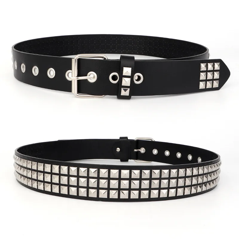 Fashionable Belt with Metal Square Beads Cool Leather Belt Trendy Studded Western-Style Punk and Star-Patterned Unisex Belts