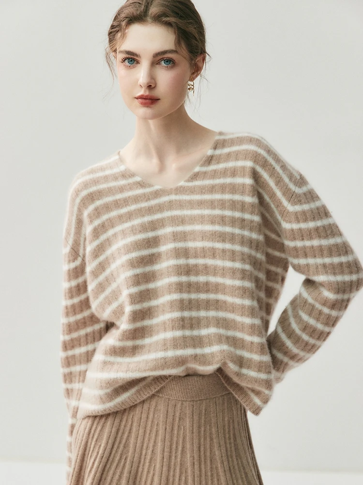 

CHICUU Autumn Winter Women Striped V-neck Pullover 100% Cashmere Sweater Casual Loose Style Soft Basic Cashmere Knitwear Tops