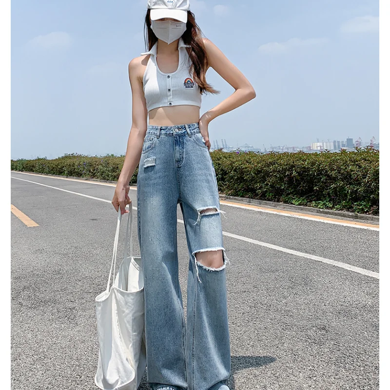 

Women' Bottoms Vintage Blue Hole High Waist Jeans Casual Straight Wide Leg Pants High Street Baggy Mopping Denim Trouser Ladies