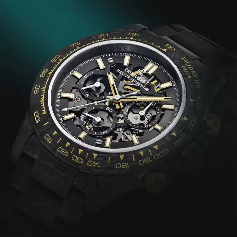 

CRONUSART Men Automatic Watch 42mm Chronograph Mechanical Wristwatch Carbon Fiber Case & Strap Luminou Sapphire Mirror
