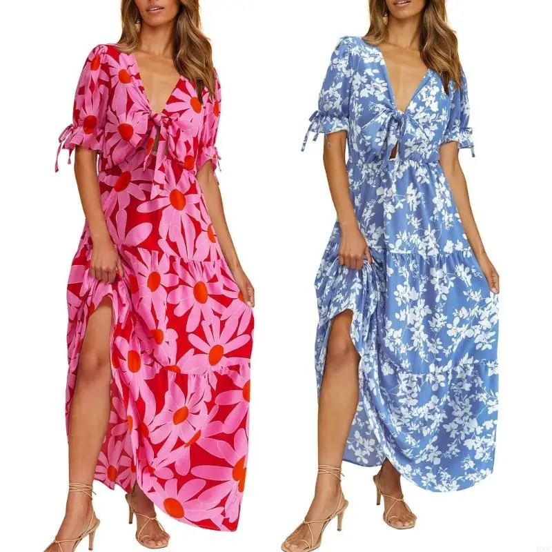 40gc vrouwen zomer ruches korte mouw swing a-line jurk v-hals stropdaan front boho bloemenprint gelaagde flowy maxi-long jurken