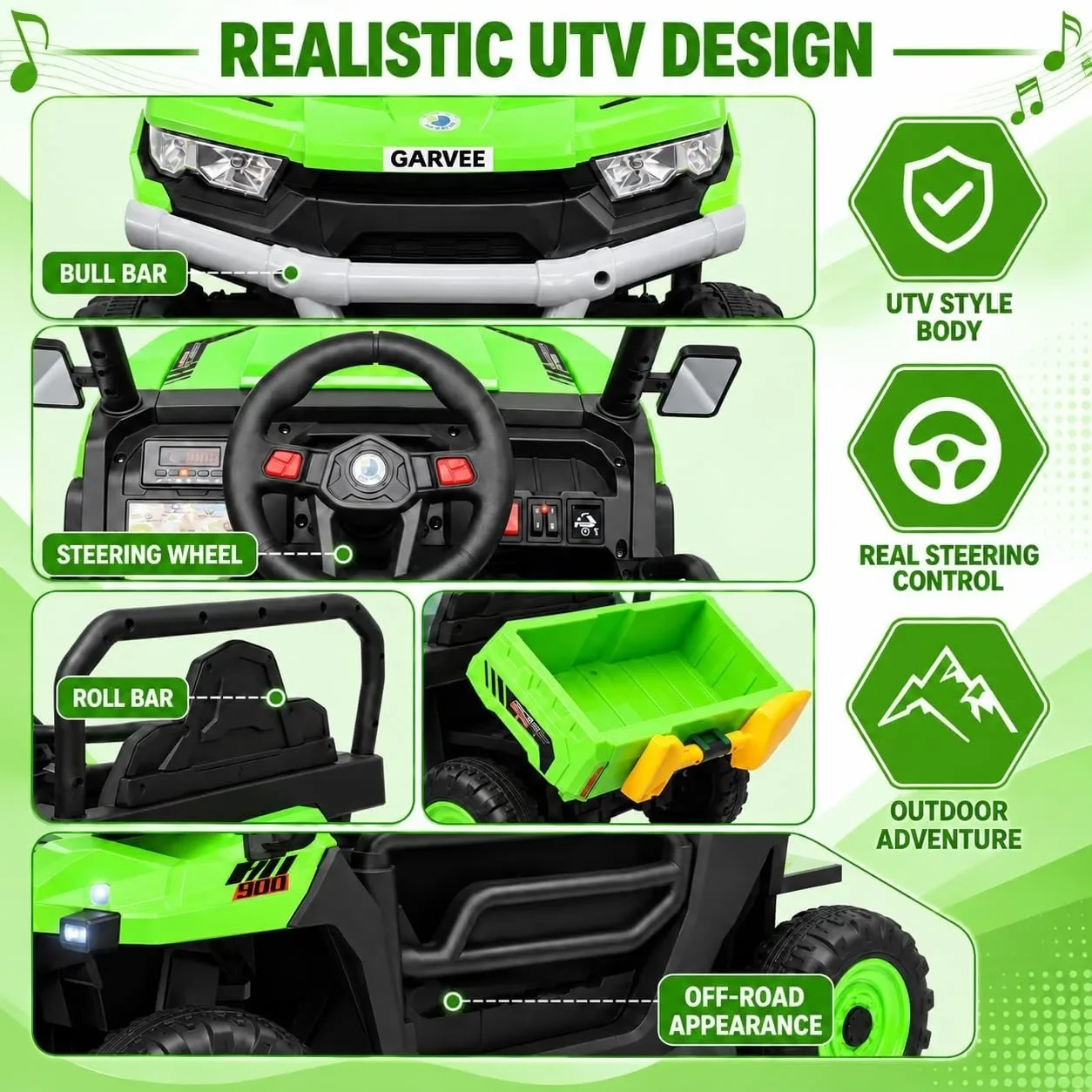Ride on Toys 12V Dump Truck with Parental Remote Control 3 MPH Four Wheel Farm Car Wireless Music LED Headlights Battery Display Electric Dump Bed Dual Doors Outdoor Toy Ages 3 To 6