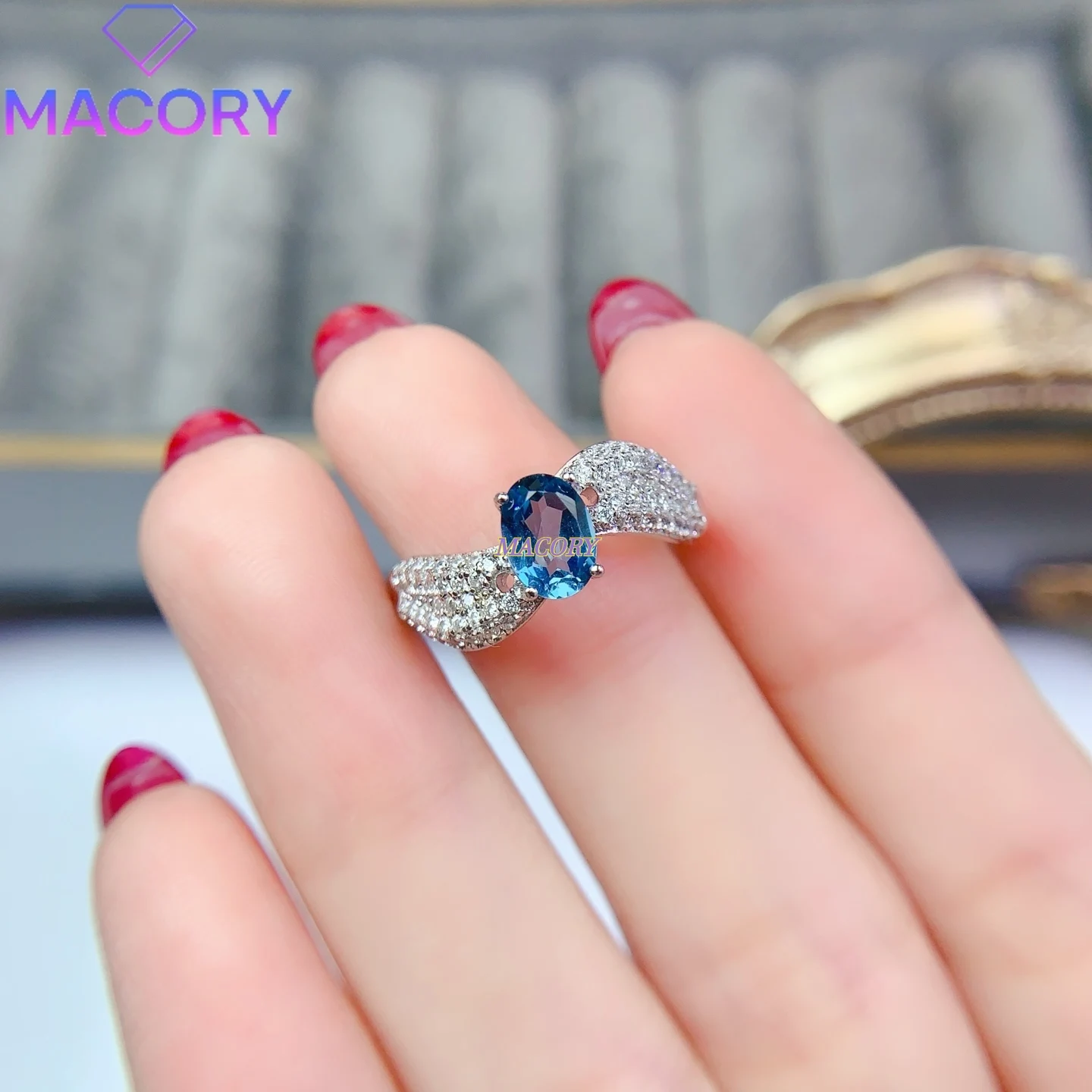 

New Natural London Blue Topaz Ring Pure High-Quality Fashionable Delicate Elegant Sterling Silver for Women